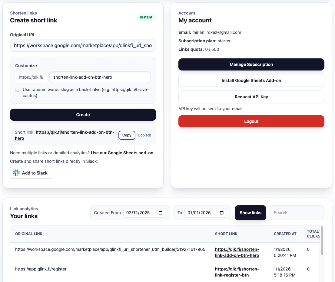 QLink Google Sheets add-on screenshot